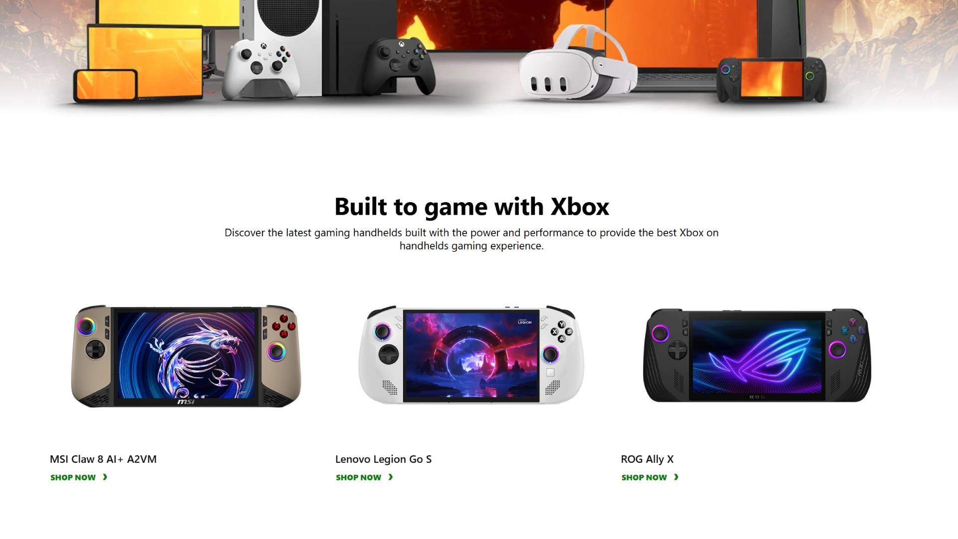 Screenshot of Xbox on Handhelds page with Built to Game with Xbox section featuring MSI Claw 8 AI+, Lenovo Legion Go S, and ROG Ally X.