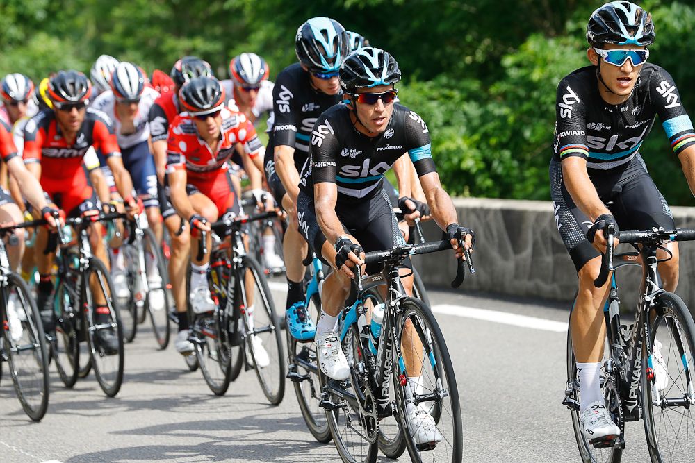 Sergio Henao rides in the bunch with Team Sky during stage 2 at the Criterium du Dauphine