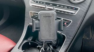TOPGO Cup Holder Phone Mount shown on a car dash