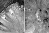 These mosaic images from NASA's Dawn mission show how dark, carbon-rich materials tend to speckle the rims of smaller craters or their immediate surroundings on the giant asteroid Vesta. The image on the left is Numisia Crater and the image on the right is a shallow, unnamed crater in the Sextilia quadrangle. Image released Jan. 3, 2013.