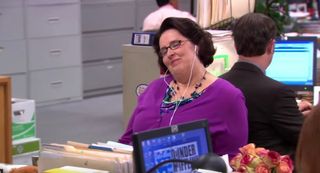 Phyllis listening to Fifty Shades of Grey
