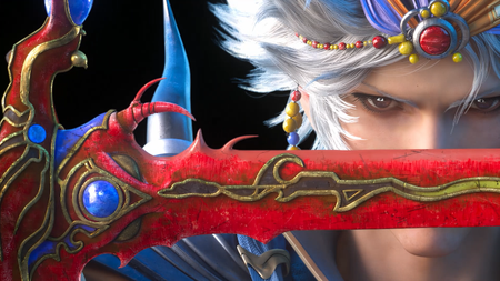 Screenshot from Final Fantasy Resonance, showing the Warrior of Light holding a red spiky sword up in front of his face.