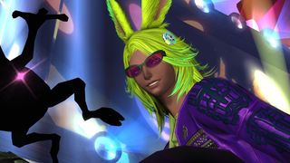 Dancing Green, the neon green-haired FFXIV raid boss with purple and white disco outfit and cheesy playboy smile.