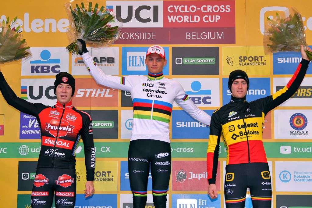 Mathieu van der Poel on the Koksijde podium with Sweeck (left) and Aerts 