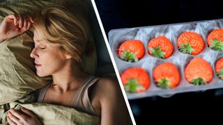A split screen shows an image of a woman fast asleep on the left, and an image of 1 cup of strawberries on the right. 