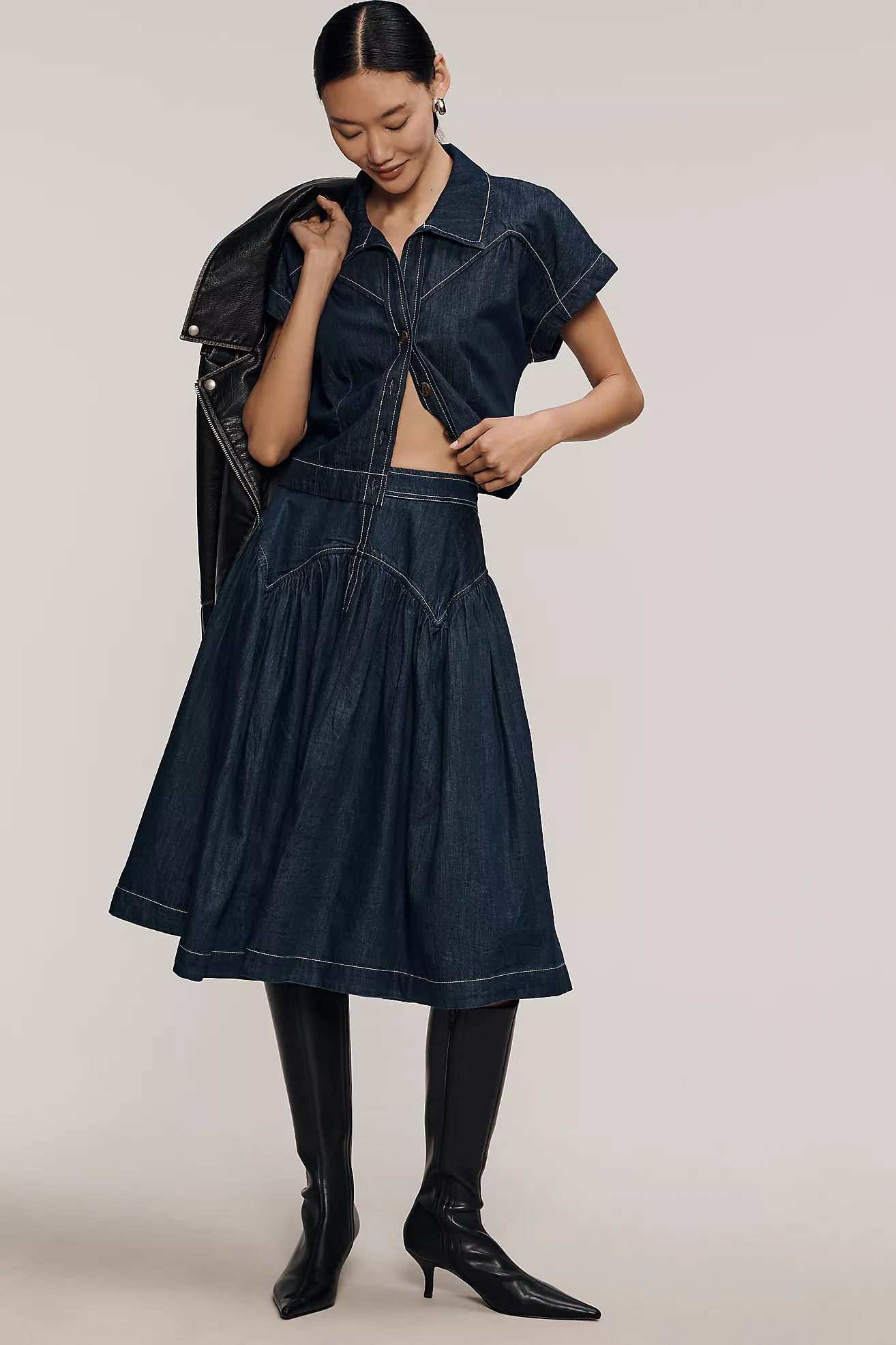 Maeve Yoked Denim Midi Skirt