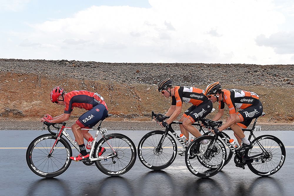 The breakaway on wet roads during stage 2 in Oman.
