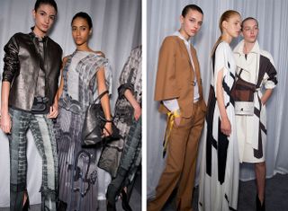 Models wear grey leather jacket with top and trousers, grey printed dress, brown trousers and jacket with grey jumper, and white and brown dress and coat