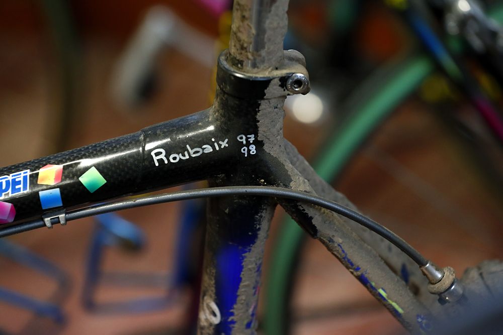 Ballerini's bike still caked with mud from Paris-Roubaix