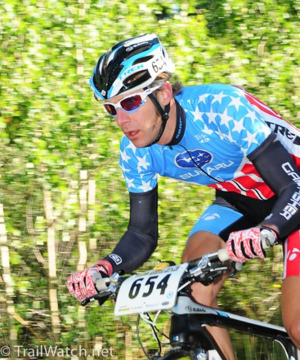 Jeremy Horgan-Kobelski (Subaru-Trek) leading the race on a descent.