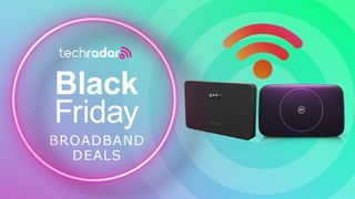 Broadband routers on green background with Black Friday Broadband deals text