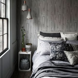 bedroom with twiggy jacquard duvet set and wallpaper