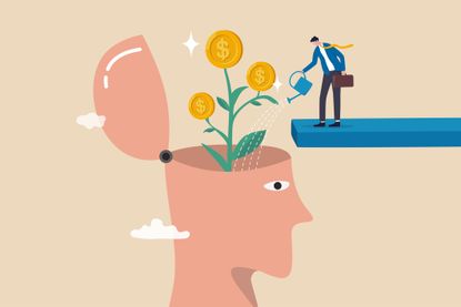 Illustration of businessman watering plant with money from human head
