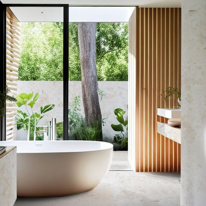 bathroom trends, marble and wood bathroom, plants, modern style, marble floor and units 