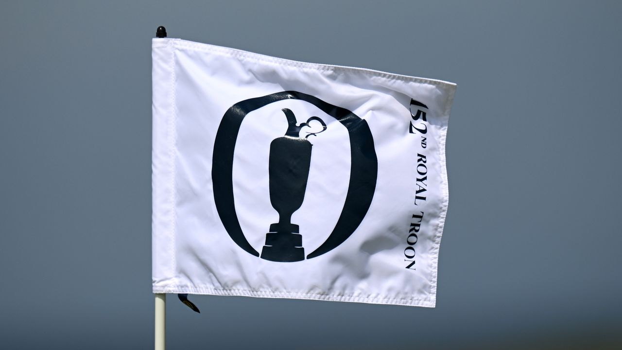 A close-up of a 152nd Open Championship flag at Royal Troon