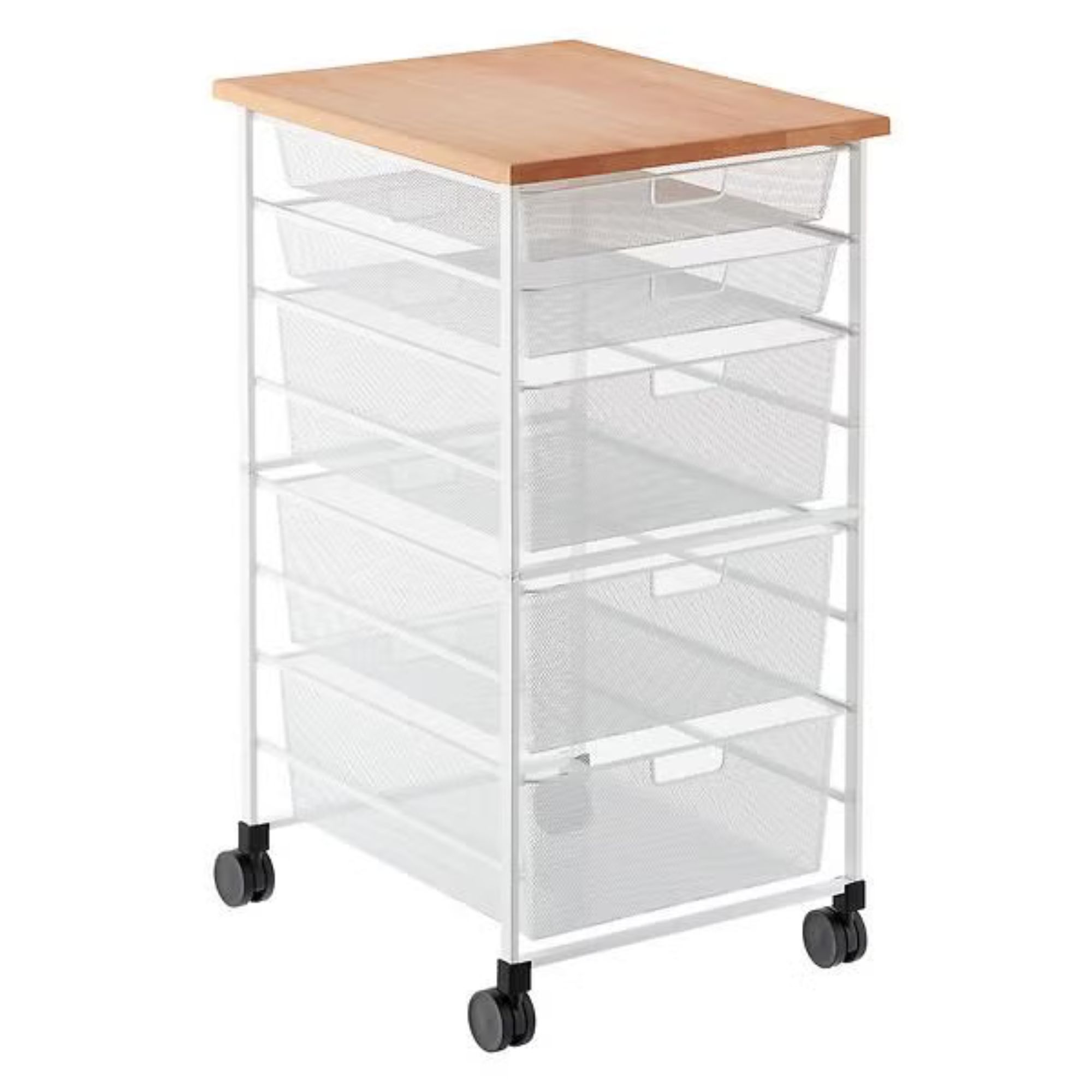 White mesh basket drawers in a rolling cart with five tiers and a wooden top