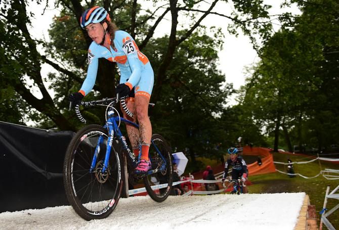 Erica Zaveta (Amy D Cycling) riding one of the many ramps, with Caroline Mani behind her