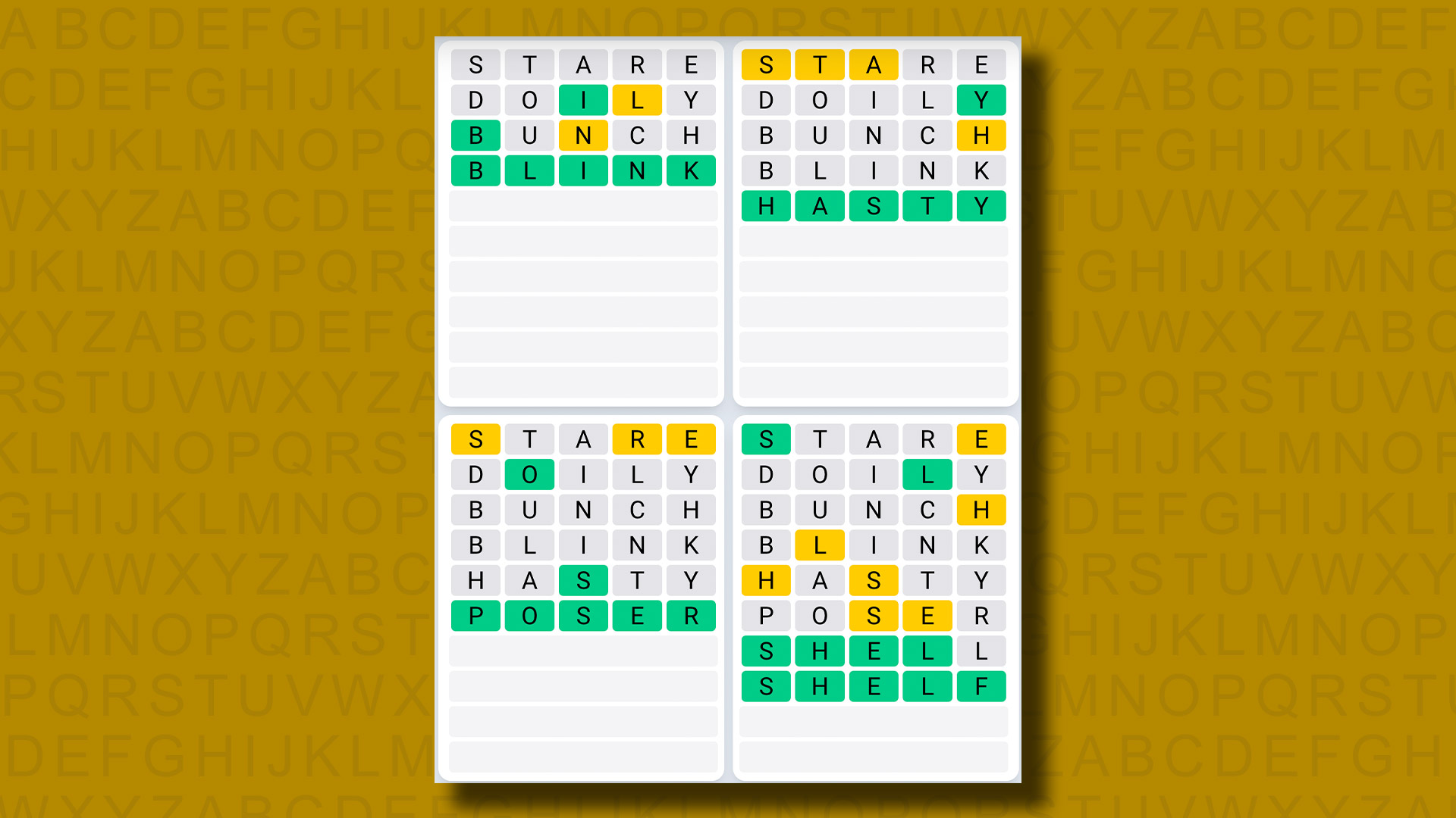 پاسخ Quordle Daily Sequence برای بازی 955 در پس زمینه زرد