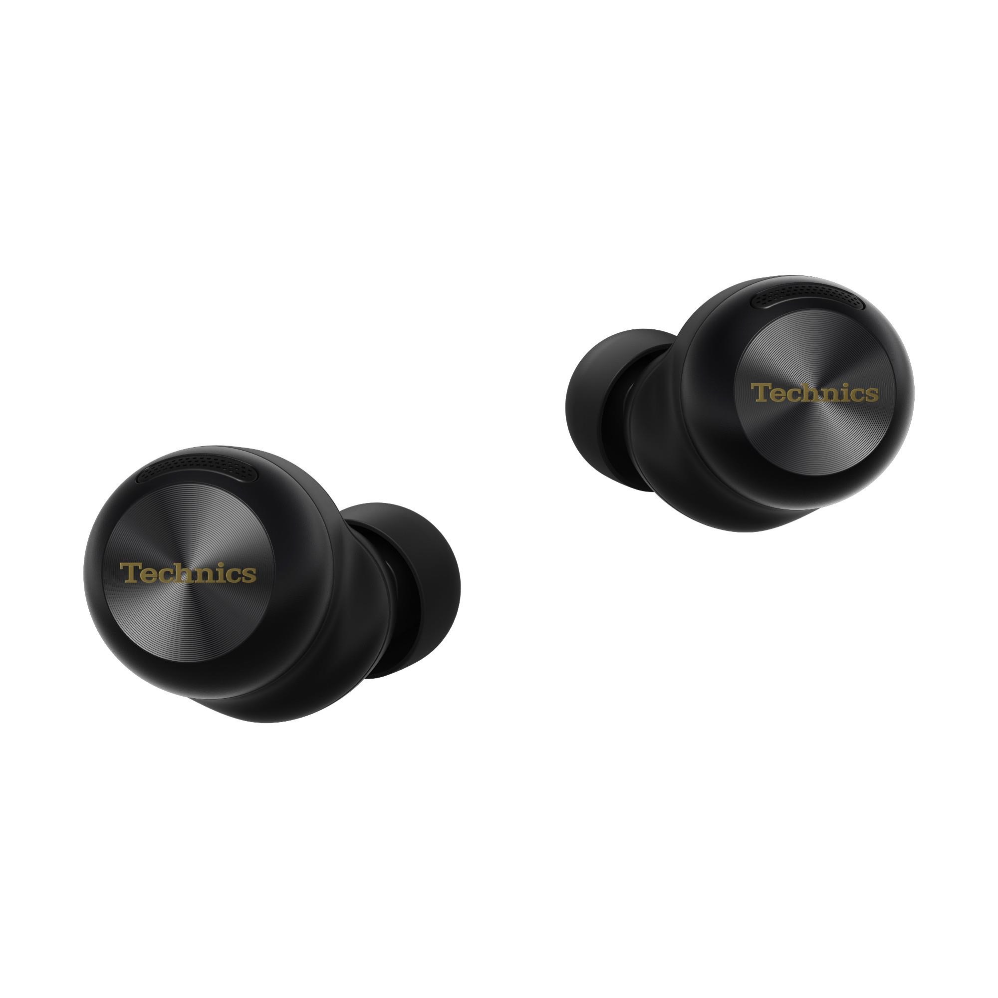 A black pair of Technics EAH-AZ100 wireless earbuds on a white background.