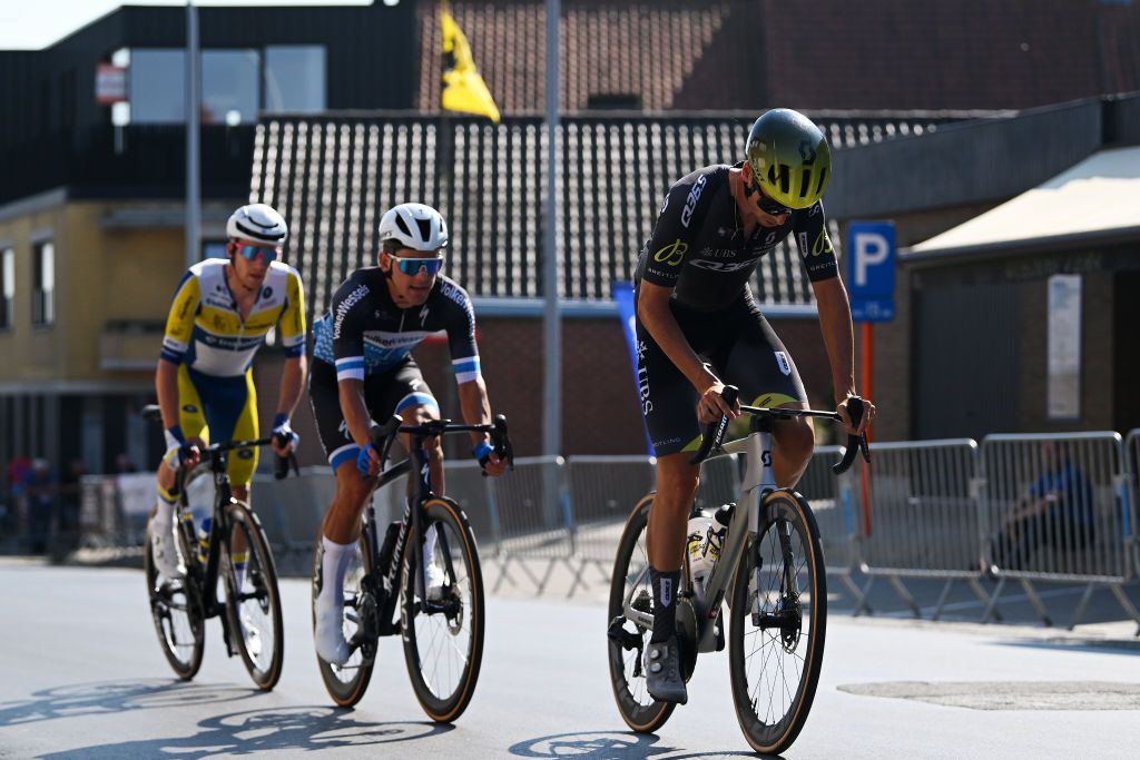 KOOLSKAMP BELGIUM SEPTEMBER 20 LR Alex Colman of Belgium and Team FlandersBaloise Sam Gademan of The Netherlands and Volkerwessels Cycling Team and Fabio Christen of Switzerland and Q365 Pro Cycling Team compete in the breakaway during the 108th Kampioenschap van Vlaanderen 2024 a 1802km one day race from Koolskamp to Koolskamp on September 20 2024 in Koolskamp Belgium Photo by Luc ClaessenGetty Images