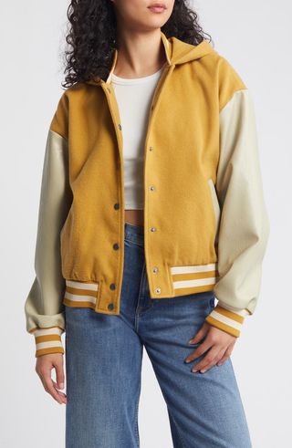 Finn Hooded Faux Leather Sleeve Twill Bomber Jacket