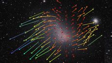 A photo of the SMC with multicolor arrows showing the directions its stars are moving