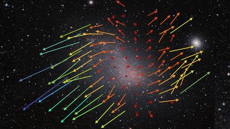 A photo of the SMC with multicolor arrows showing the directions its stars are moving