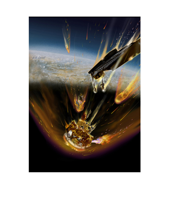 This artist&#039;s concept shows fuel from Russia&#039;s failed Mars probe Phobos-Grunt burning from a ruptured fuel tank as the spacecraft re-enters the atmosphere.