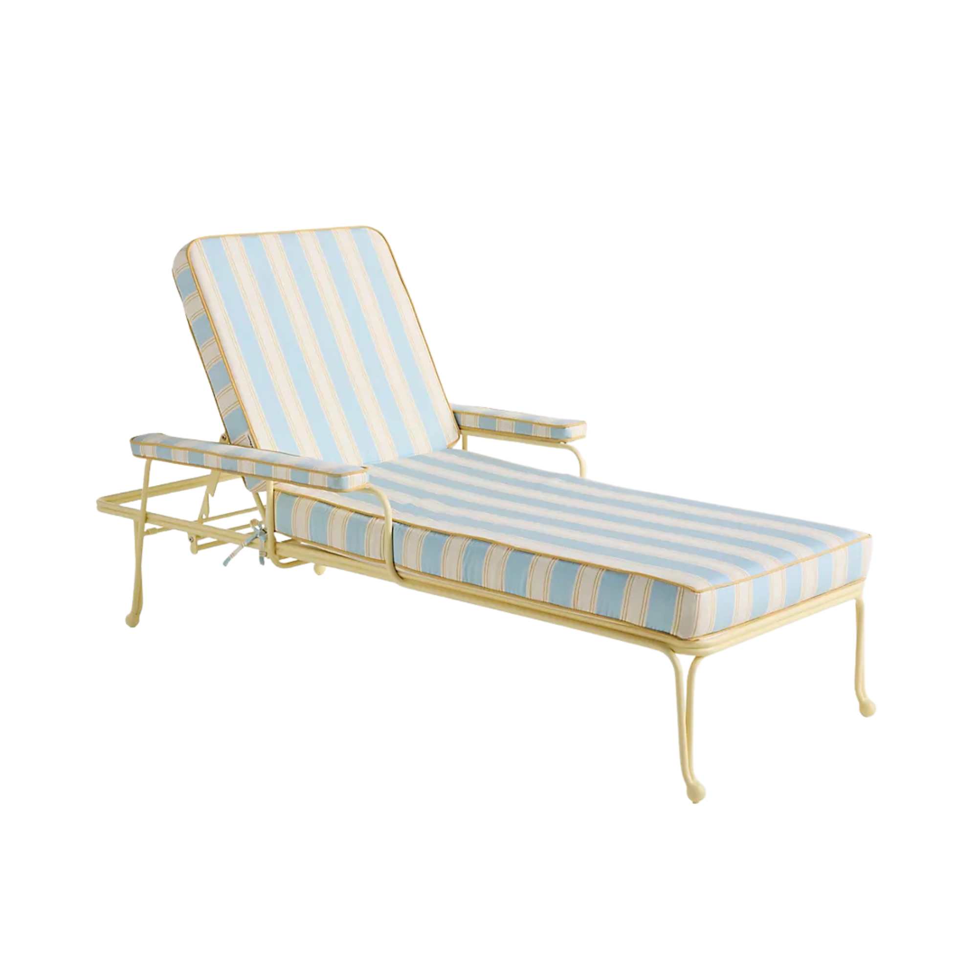 an outdoor sun lounge chair with blue and yellow striped fabric