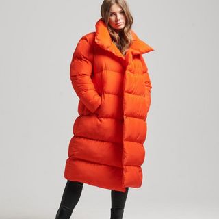 Superdry bright orange longline puffer coat