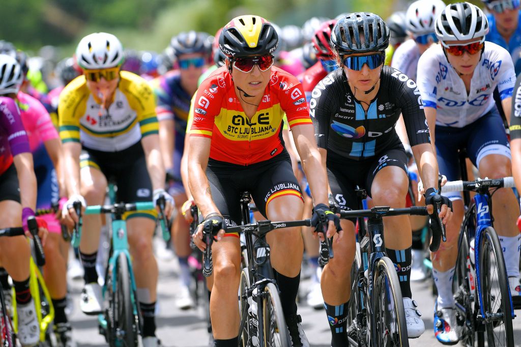PUEGNAGO DEL GARDA ITALY JULY 08 Margarita Victoria Garcia Caellas of Spain and Team Ale Btc Ljubljana Leah Kirchmann of Canada and Team DSM during the 32nd Giro dItalia Internazionale Femminile 2021 Stage 7 a 1096km stage from Soprazocco di Gavardo to Puegnago Del Garda 219m GiroDonne UCIWWT on July 08 2021 in Puegnago del Garda Italy Photo by Luc ClaessenGetty Images