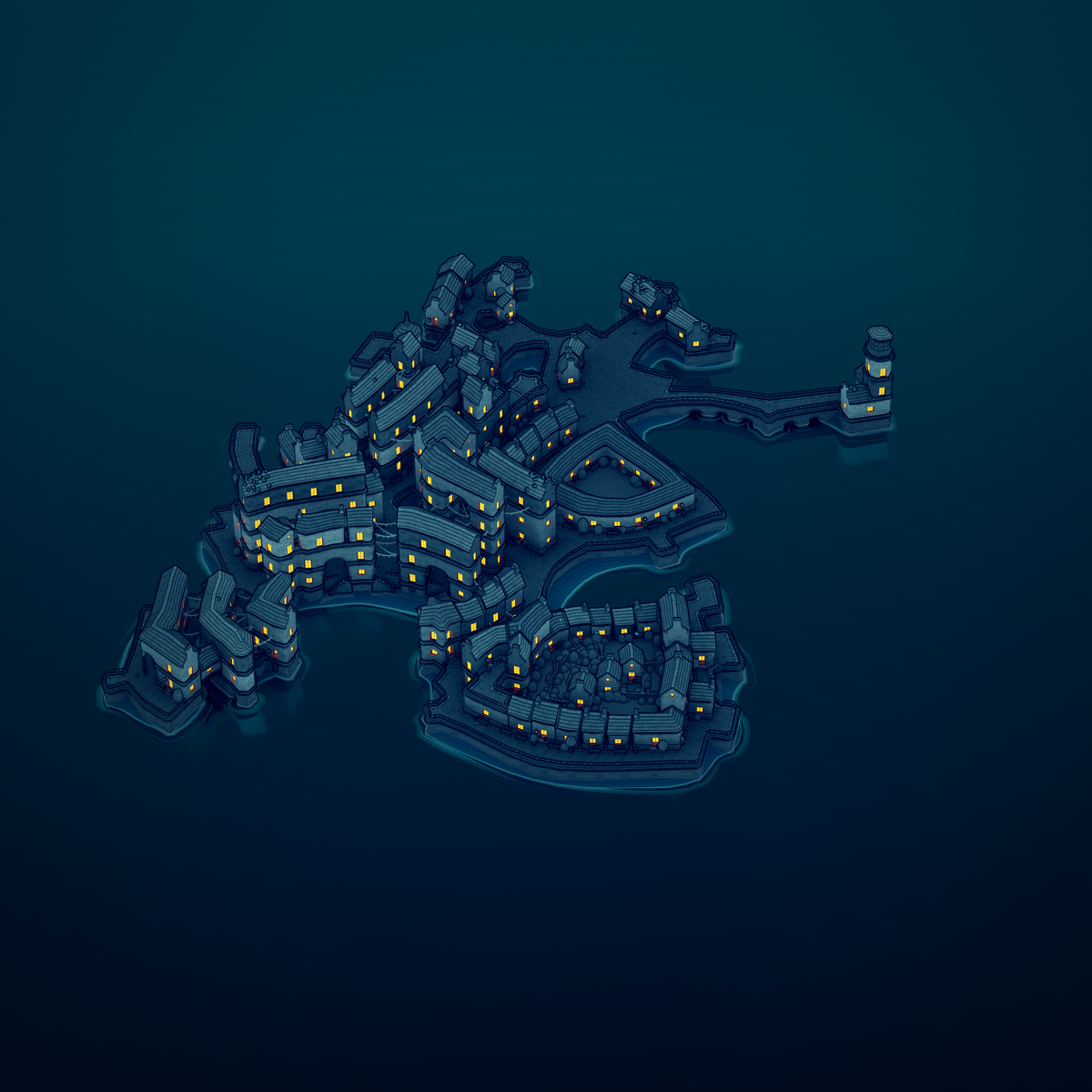 Townscaper town at night