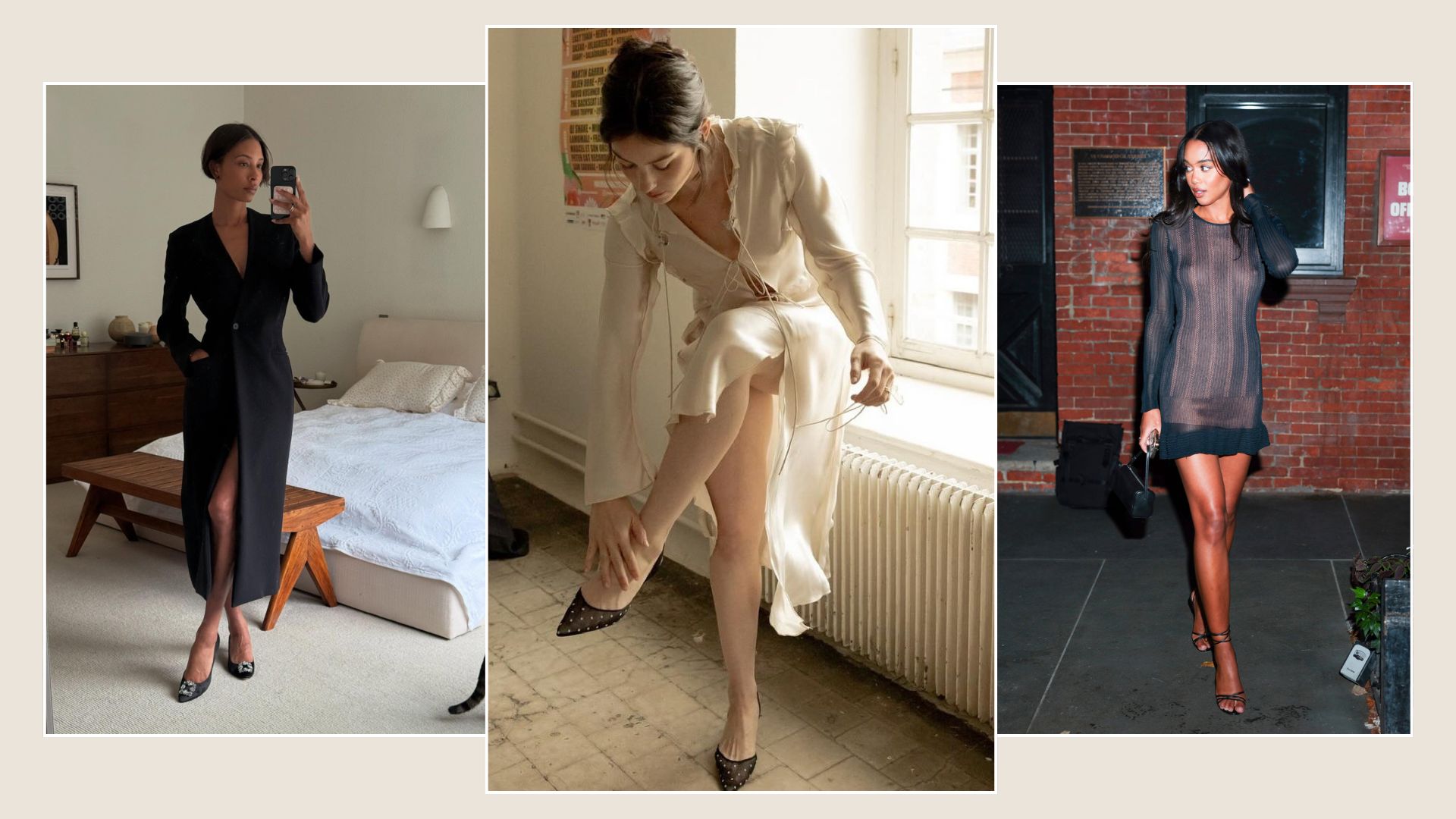 A collage of the best Manolo Blahnik shoes, including the Carolyne, the Leva and the Hangisi as seen on Gracie Abrams and Laura Harrier.