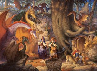 For this piece, Scott was approached by a private collector for a commission that had only three requirements: it should contain three young women, a Huskie dog and at least one dragon