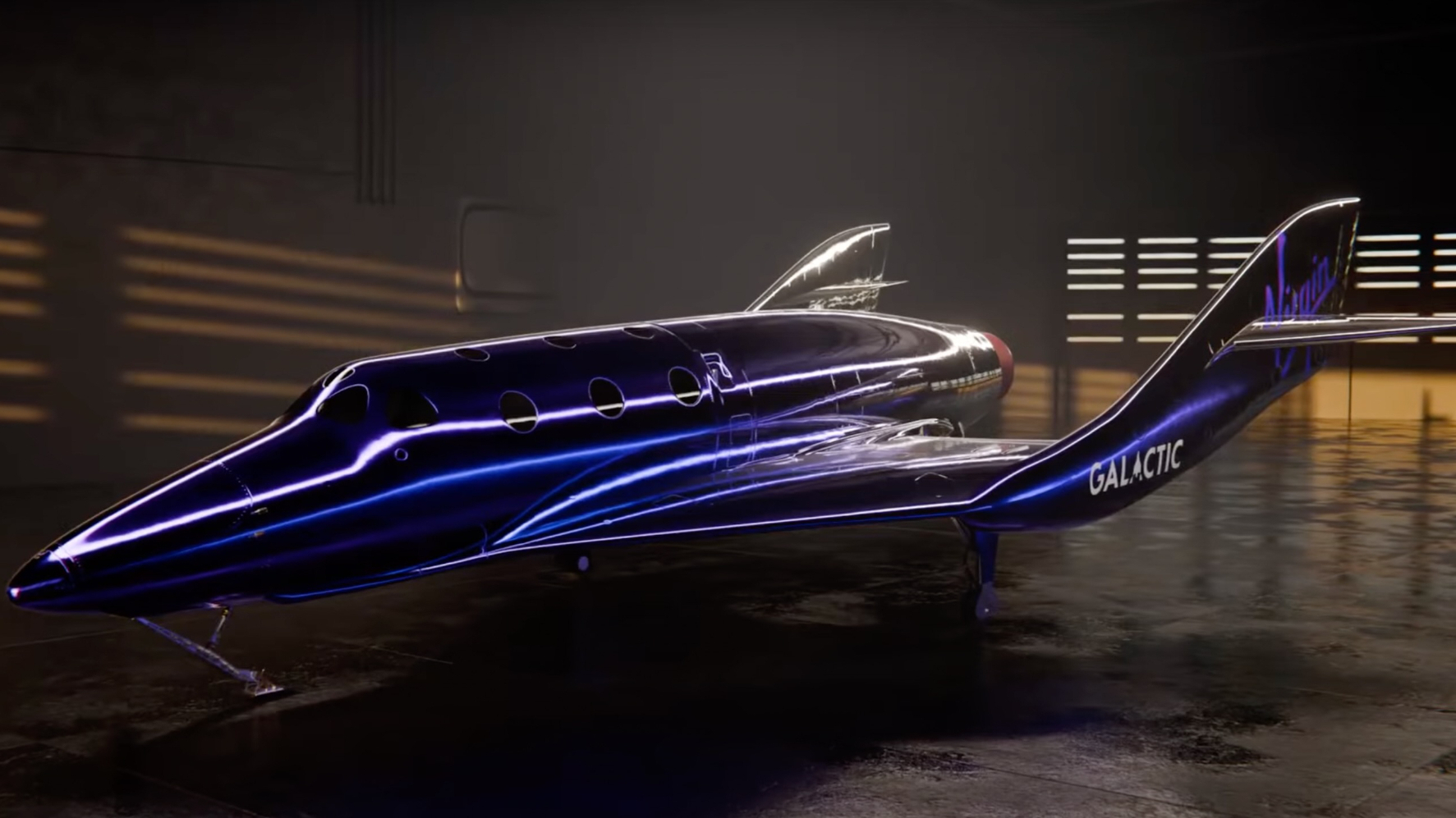 a metallic dark-purple space plane sits inside a hangar