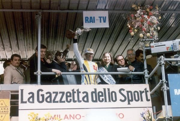 Laurent Fignon on the podium after winning the 1989 Milan-San Remo.