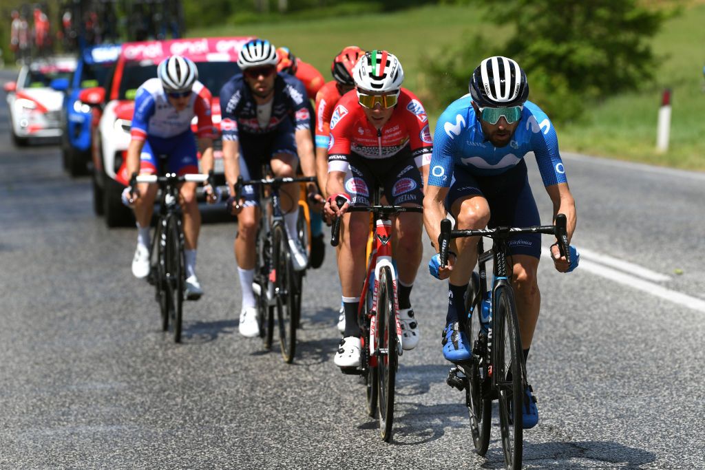 ASCOLI PICENO SAN GIACOMO ITALY MAY 13 Dario Cataldo of Italy and Movistar Team Simone Ravanelli of Italy and Team Androni Giocattoli Sidermec leads the breakaway during the 104th Giro dItalia 2021 Stage 6 a 160km stage from Grotte di Frasassi to Ascoli Piceno San Giacomo 1090m girodiitalia Giro UCIworldtour on May 13 2021 in Ascoli Piceno San Giacomo Italy Photo by Tim de WaeleGetty Images