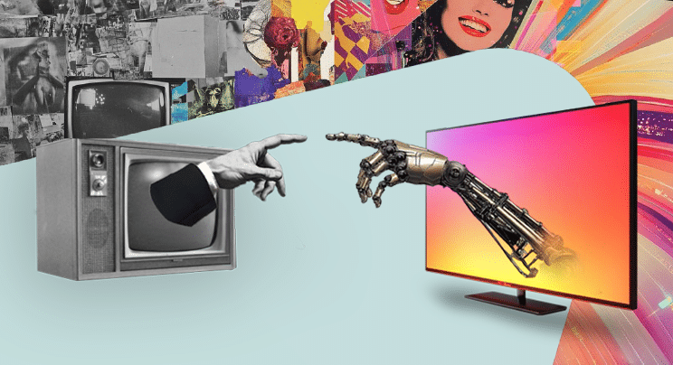 TripleLift graphic showing a hand reaching out of an old TV to touch a robotic arm reaching out of a new TV
