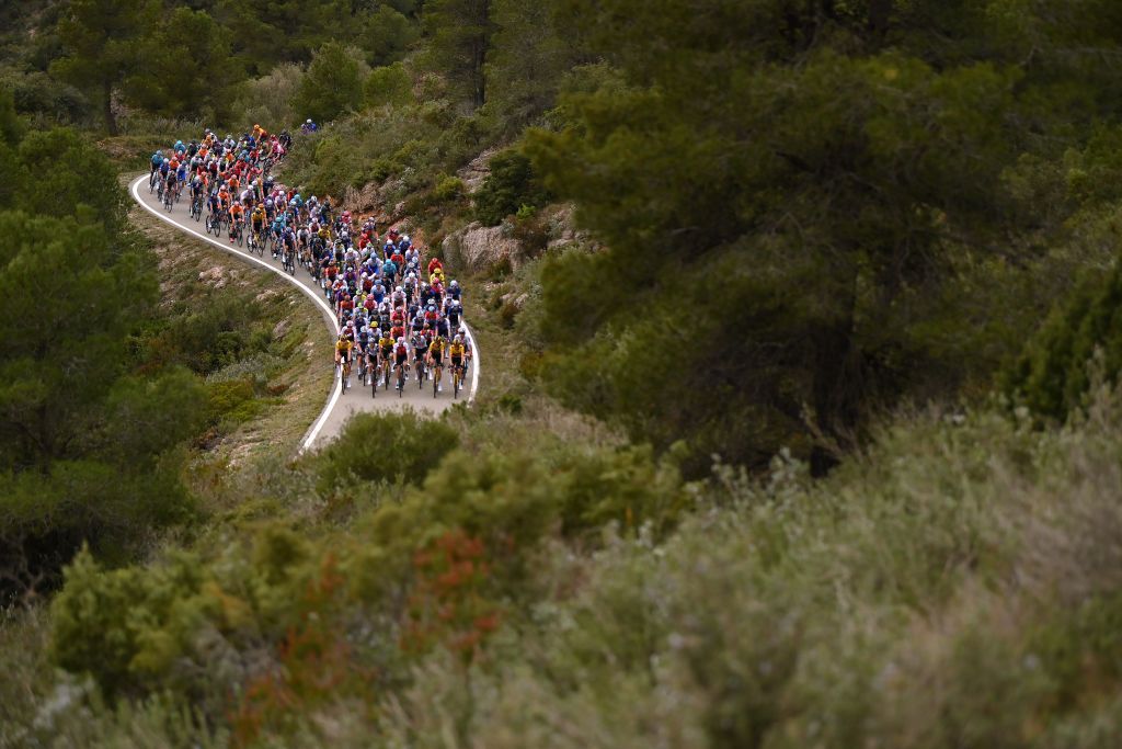 LO PORT SPAIN MARCH 24 A general view of the peloton passing through a landscape during the 102nd Volta Ciclista a Catalunya 2023 Stage 5 a 1766km stage from Tortosa to Lo Port Mirador del Portell 1033m UCIWT on March 24 2023 in Lo Port Spain Photo by David RamosGetty Images