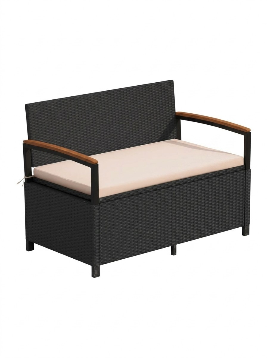 RELAX4LIFE, Wicker Outdoor Storage Bench With Seat Cushion