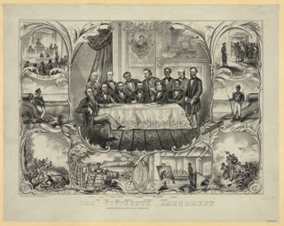 An artist's rendition of the signing of the 15th amendment to the US Constitution, which prevented state and federal governments from denying the vote to men on the basis of race or previous enslavement.