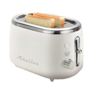 A Mueller Toaster in white making toast
