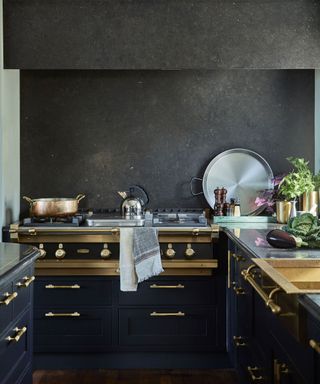 Dark kitchen cabinetry with brass details