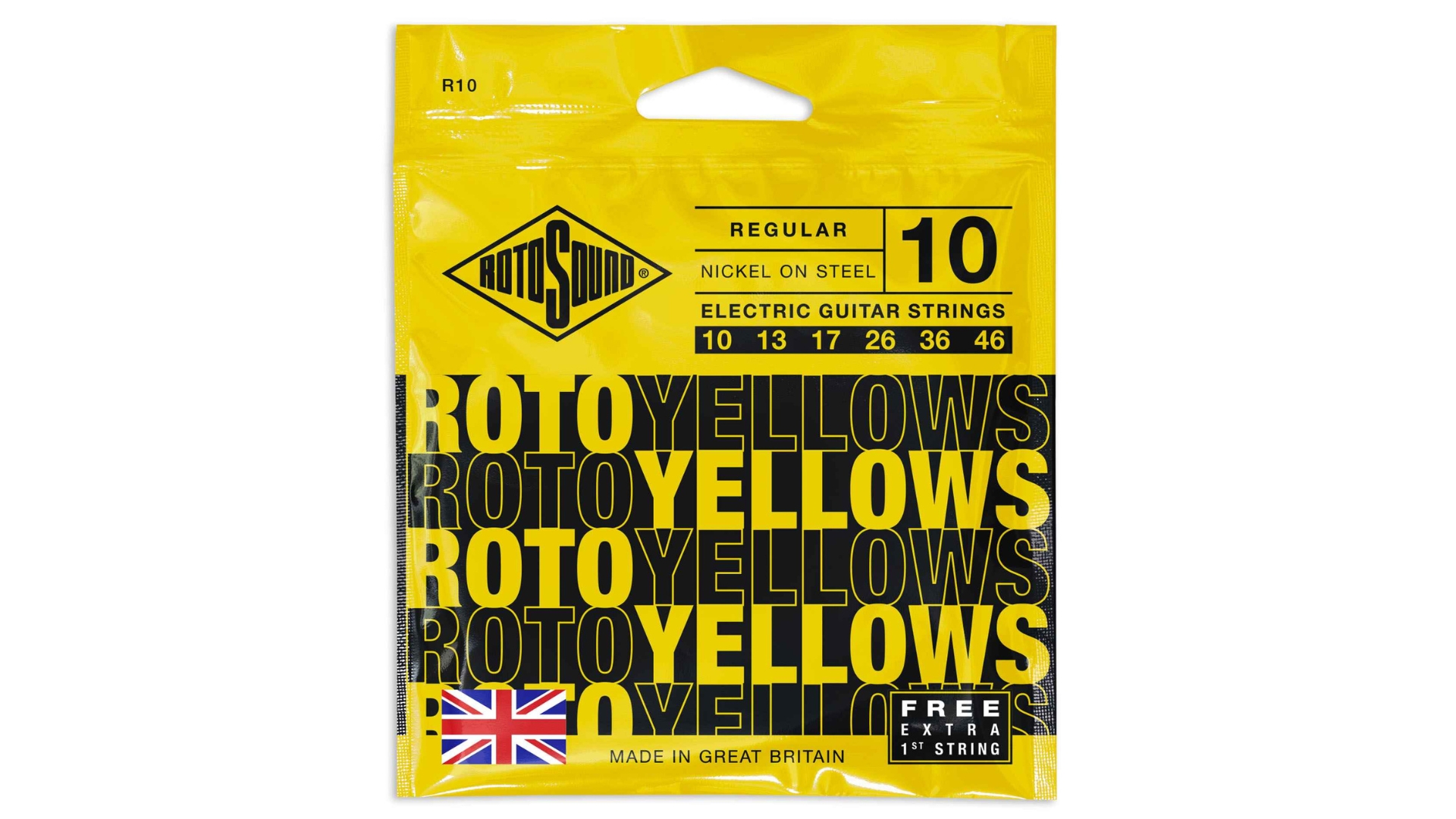 A pack of Rotosound yellow guitar strings