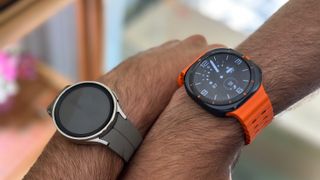 The Galaxy Watch 5 Pro (silver) versus the Galaxy Watch Ultra (black)