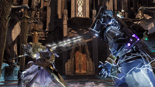 A wanderer brawls with a knight in Remnant 2's boss rush mode.