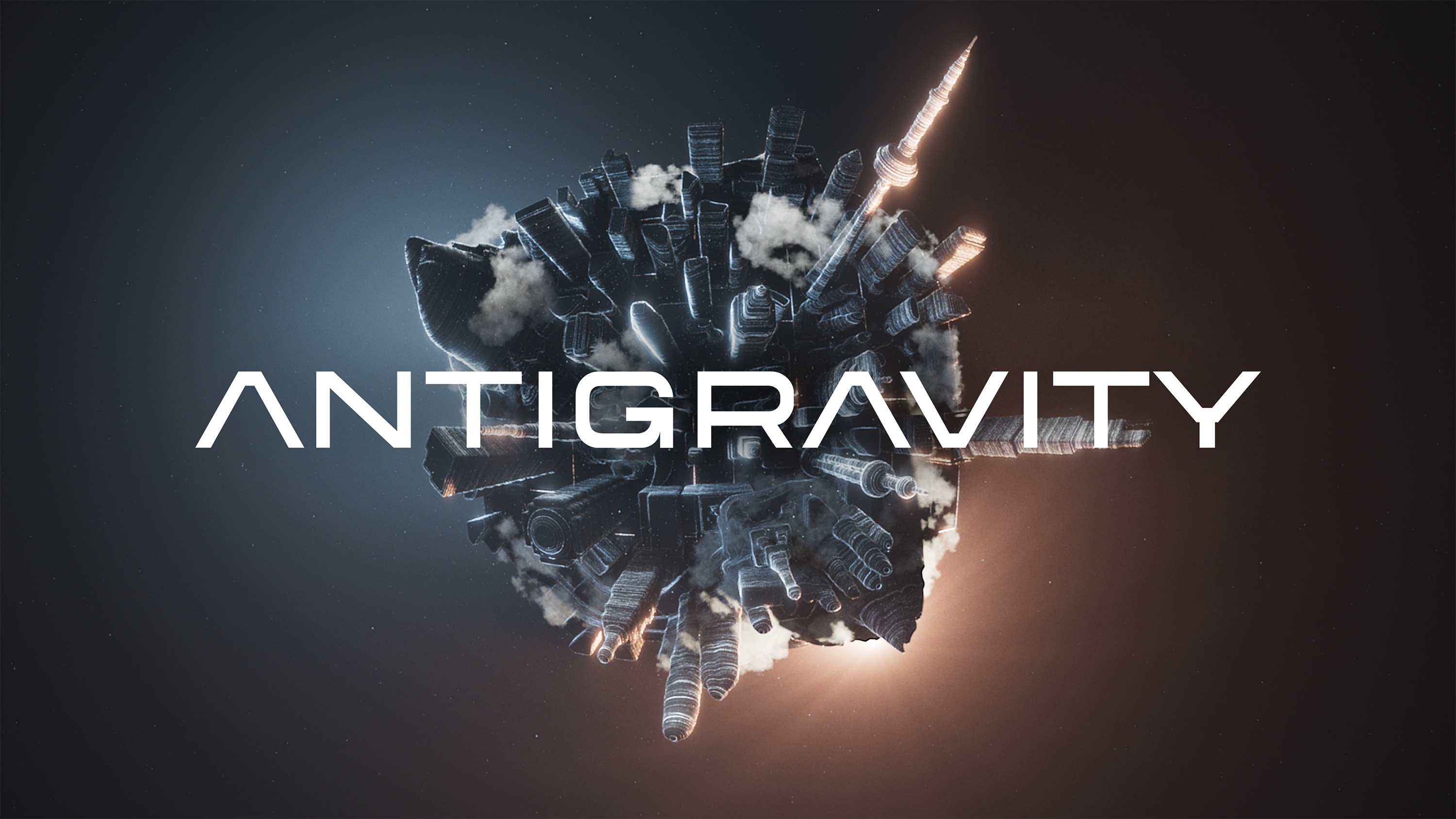 A futuristic urban scape in the tiny planet style, with the 'Antigravity' brand logo