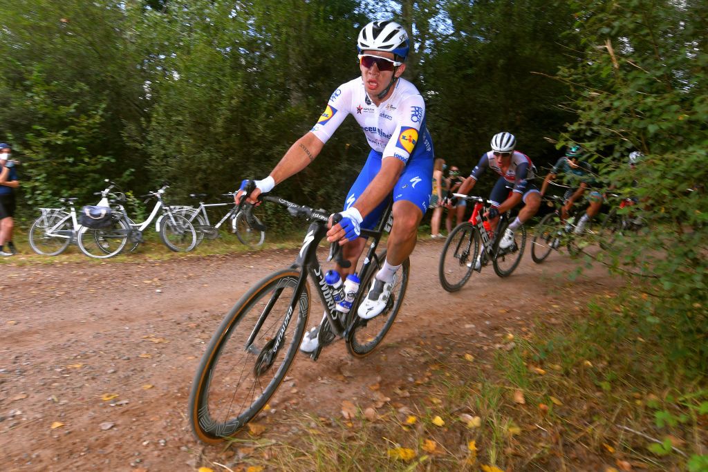 DIEST BELGIUM AUGUST 15 Alvaro Jose Hodeg Chagui of Colombia and Team Deceuninck QuickStep Gravel Strokes Dust during the 17th Dwars door het Hageland 2020 a 187km race from Aarschot to Diest DwarsdhHageland DDHH20 on August 15 2020 in Diest Belgium Photo by Luc ClaessenGetty Images