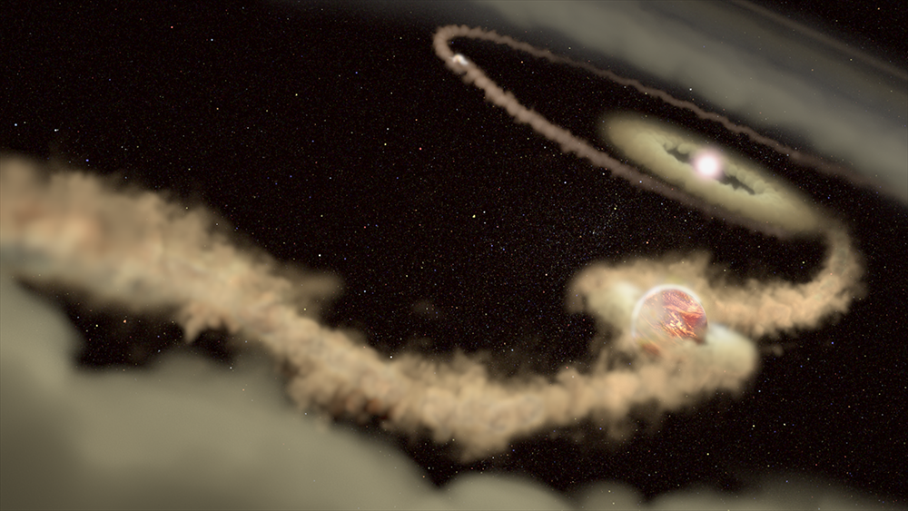 La ilustración de este artista muestra dos exoplanetas gigantes gaseosos que orbitan alrededor de la joven estrella PDS 70. Estos planetas continúan creciendo mediante la acumulación de material de un disco circundante.  Al hacerlo, crearon gravitacionalmente un gran espacio en el disco.  La brecha se extiende a distancias equivalentes a las órbitas de Urano y Neptuno en nuestro sistema solar.