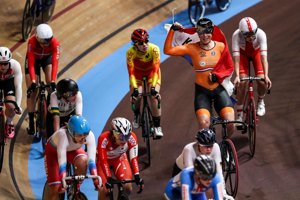 BERLIN GERMANY FEBRUARY 26 Kirsten Wild of the Netherlands celebrates after winning Womens Scratch Race during day 1 of the UCI Track Cycling World Championships Berlin at Velodrom on February 26 2020 in Berlin Germany Photo by Maja HitijGetty Images